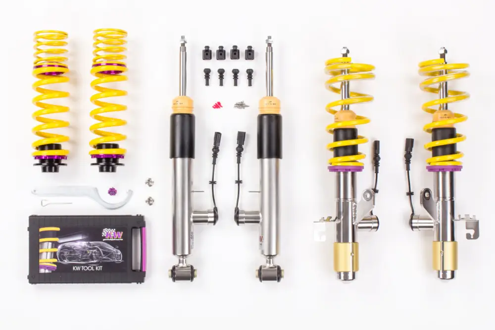 Akce Výškově stavitelný podvozek KW DDC - Plug & Play, DDC - Plug & Play s elektronicky nastavitelnou tuhostí pro Škoda Superb III max zatížení PN do 1040 kg s uchycením př. tlumiče 55 mm, pro vozy s DCC
